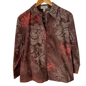 St John Sport Brown Floral Cotton Button Down Shirt Long Sleeve Size M